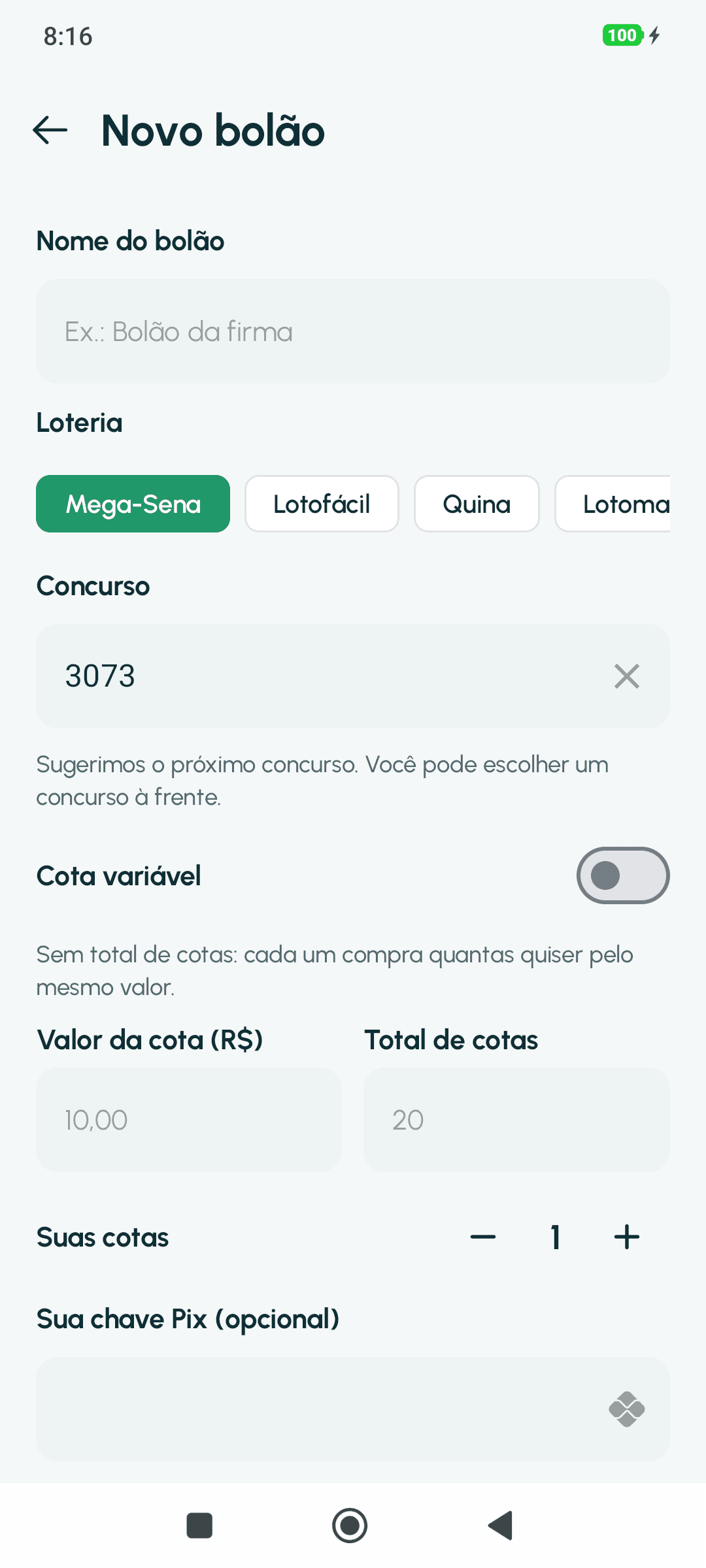 Tela Novo bolão: nome, loteria, concurso, cota variável, valor e total de cotas, suas cotas e a chave Pix do organizador.