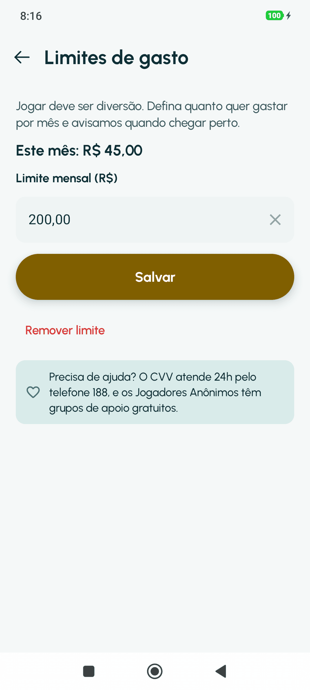 Tela Limites de gasto: gasto do mês, limite mensal e o contato do CVV 188.